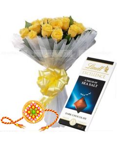 Yellow Roses Lindt Sea Salt Bar Rakhi Combo