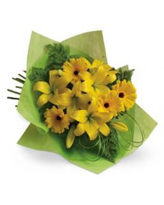 YELLOW LILIES AND GERBERAS FLOWER HAND BUNCH TO AUSTRALIA